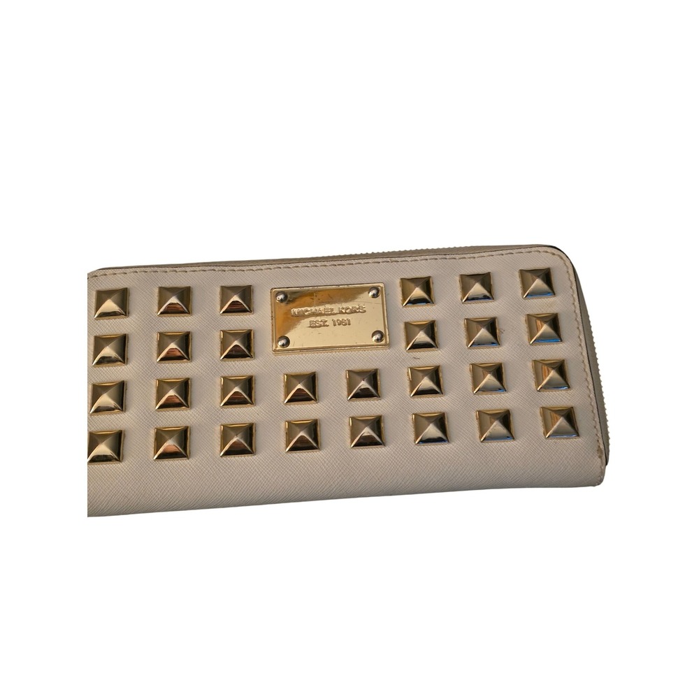 Michael Kors Studded Zip Around Wallet Cream Leather Gold Hardware
